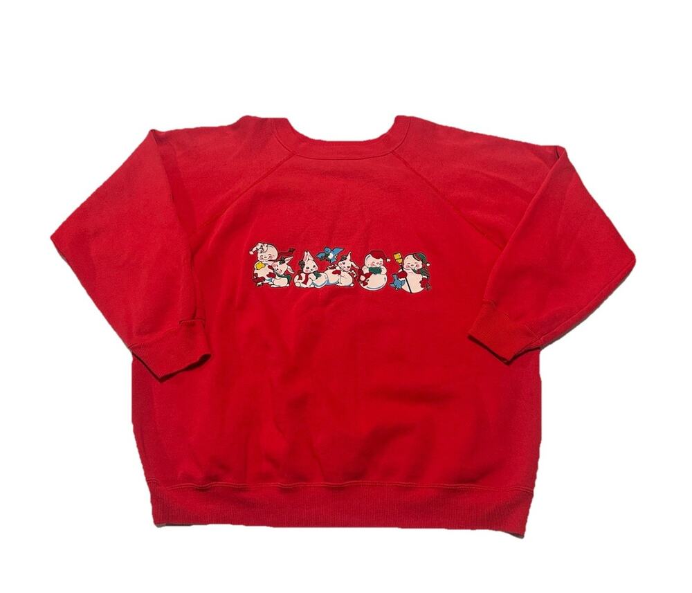 Vintage HANES 90s Y2K Snowman Bunny Red Holiday Christmas Sweatshirt Sweater XL